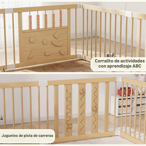 Vista 8 de Parque infantil de madera para bebés con puerta de seguridad, patio grande de 64 "x 64" para bebés Natural Pine Wood Playpen with Built-in Toys