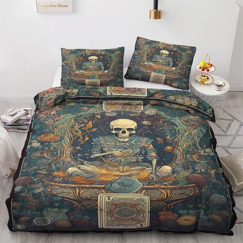 Vista 15 de Juego de funda de edredón tamaño individual Juego de cama de calavera de flores Patrón de esqueleto 2 piezas Funda de edredón de microfibra