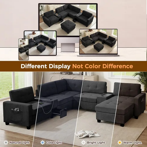 Vista 19 de Sofá modular de 103 pulgadas con 2 consolas acrílicas, juego de sofá en forma de U de gran tamaño con cargador USB, cajones de almacenamiento, Beige