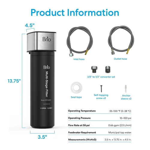 Vista 9 de Brio Sistema de filtro de agua para debajo del fregadero de 11 pulgadas para grifo de cocina y baño, carcasa única de 3 etapas, filtros de 0.5