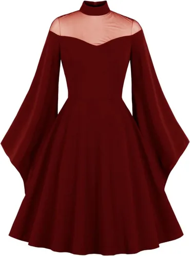 Vista 4 de IWEMEK Vestido de mujer de malla de manga larga gótico de cóctel vintage gótico transparente con panel de ilusión para invitada de boda, vestido