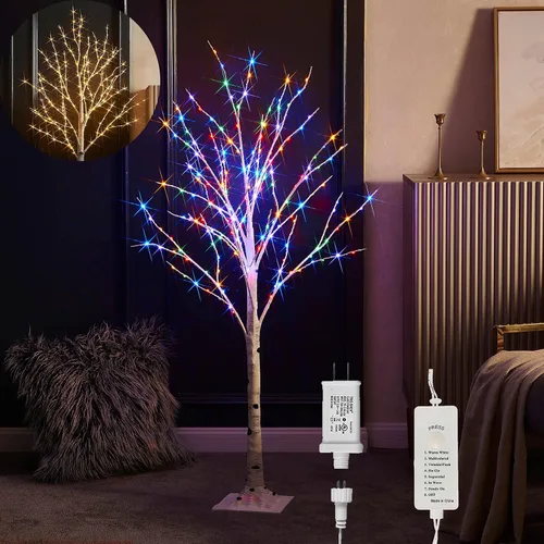 Vista 4 de LITBLOOM Árbol de abedul iluminado con ramas enchufables con 8 funciones, de 4 pies, 200 luces LED blancas cálidas y multicolor para decoración