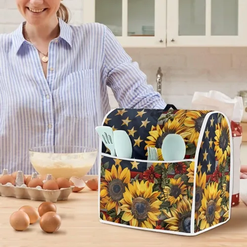 Vista 4 de Funda para batidora con estampado de girasol y bandera americana, cubierta protectora contra el polvo, adecuada para la mayoría de los modelos