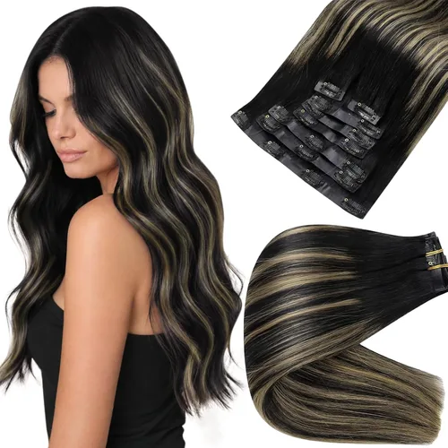 Vista 62 de Full Shine Extensiones de Cabello Rubio con Clip Reflejos Cabello Humano Extensiones con Clip Rubio Ceniza Mezcla Rubio Decolorado PU Extensiones