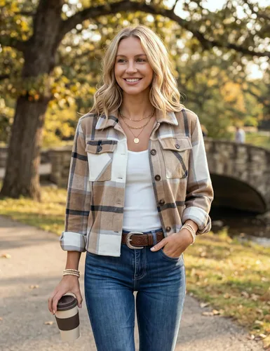 Vista 4 de Yeokou - Chaqueta corta de franela con botones para mujer, estilo camisa a cuadros, manga larga
