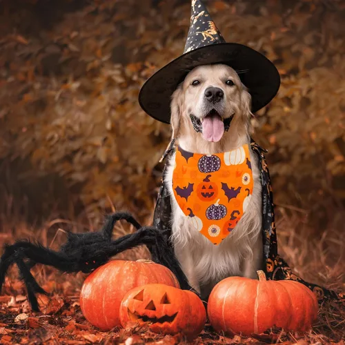 Vista 4 de Bandana de Halloween para perro, paquete de 2 baberos triangulares de algodón para perros, bufandas suaves y transpirables para mascotas