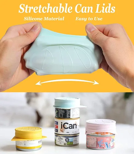 Vista 4 de Paquete de 3 tapas para latas de comida para perros y gatos, tapas elásticas de silicona para latas de comida para mascotas, reutilizables