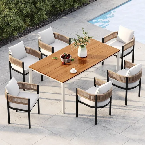 Vista 10 de Juego de comedor al aire libre Grand Patio de 5 piezas para 4, sillas de patio fijas de mimbre tejido metálico con cojines engrosados y 1 mesa