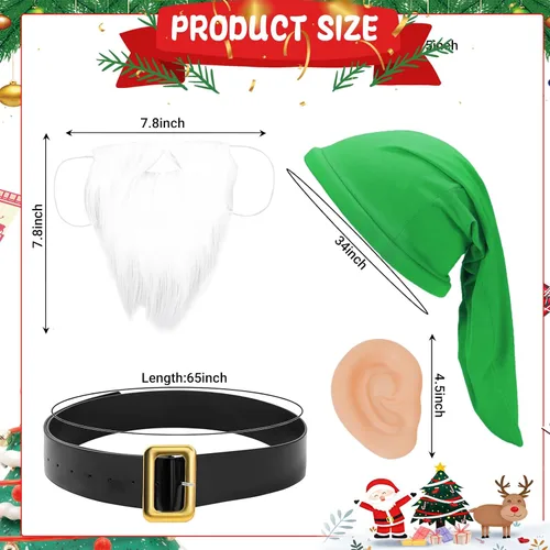 Vista 2 de Juego de 4 accesorios para disfraz de enano de Halloween, sombrero de gnomo, orejas gigantes, barba falsa y cinturón, para niños y adultos, fiesta