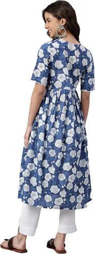 Vista 6 de Janasya Indian Women's Dark Blue Cotton Floral Print Flared Kurta