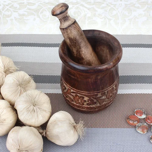 Vista 7 de GoCraft Mortero y mortero tallados de madera Molinillo para hierbas, especias y uso en cocina, madera de mango natural grabada Mortero y mortero