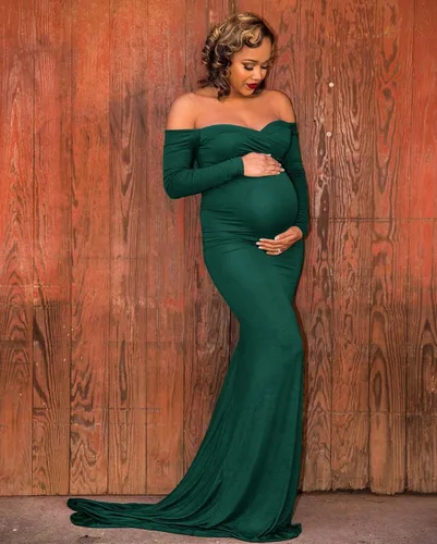 Vista 4 de ZIUMUDY Vestido de Maternidad con Hombros Descubiertos para Sesión de Fotos y Fotografía, Vestido de Color Sólido para Baby Shower