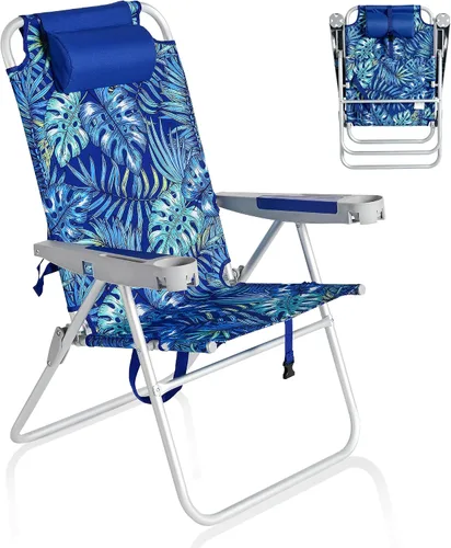 Vista 16 de SUNNYFEEL Silla de playa alta para adultos, sillas plegables de asiento Azul