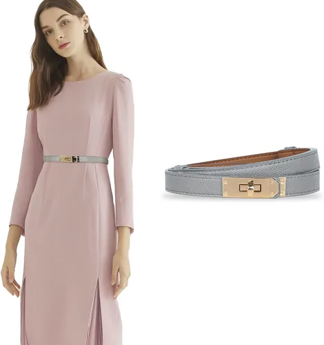 Vista 385 de Cinturón de cuero clásico con hebilla de metal para mujer con vestido de jeans