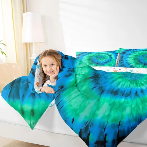 Vista 4 de Erosebridal Colorido juego de ropa de cama con diseño psicodélico en espiral psicodélico, juego de edredón de teñido anudado degradado para niños