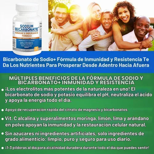 Vista 5 de Fórmula de bicarbonato de sodio + inmune y resistencia con bicarbonato de sodio sin aluminio, potasio, magnesio, VIT C y superalimentos. Cápsulas