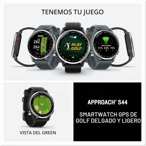 Vista 7 de Garmin Approach® S44, reloj inteligente GPS esencial para golf, pantalla AMOLED, funciones en el campo, bisel de aluminio plateado con banda de Negro