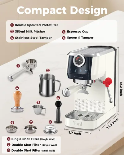 Vista 9 de Máquina de Espresso Tuni E2 de 58mm - Caldera Dual (Espumado de Leche Inmediato) Control de Temperatura PID NTC Bomba ULKA de 20 Bar Cafetera
