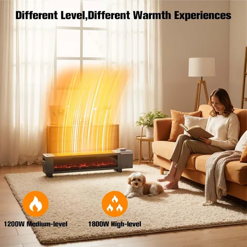 Vista 3 de Calentador eléctrico de zócalo de 1800 W con control remoto, calentador de espacio 3 en 1 con humidificador y rejilla de secado y llama 3D