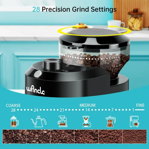Vista 2 de Wancle - Molinillo de café eléctrico de muelas - Ajustable con 28 ajustes precisos para 12 tazas - Molinillo de granos de café profesional