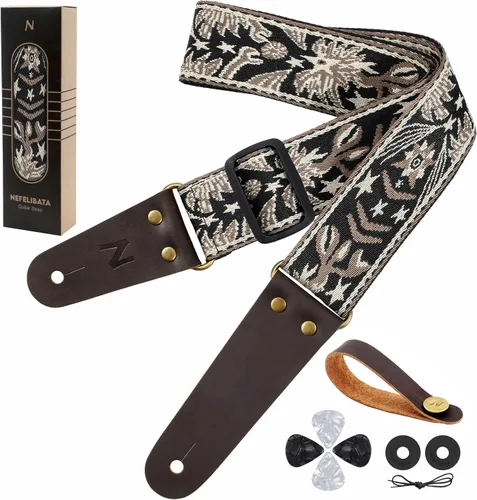 Vista 37 de Nefelibata Correa de guitarra, correas de guitarra de algodón bordadas con extremos de cuero de vaca para bajo, guitarras eléctricas y acústicas