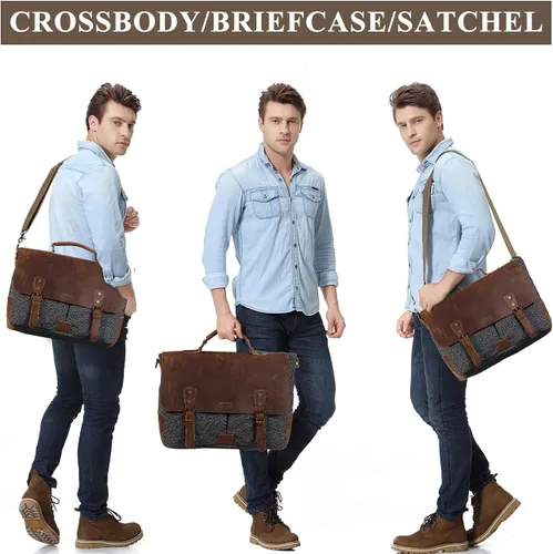 Vista 7 de VASCHY Bolsa de mensajero para hombre, bolso de lona de tweed de cuero vintage de 15.6 pulgadas para laptop de negocios, bolsa de hombro cruzada