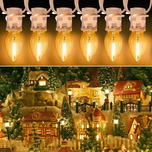 Vista 5 de Cable accesorio de luz de pueblo navideño con 6 bombillas LED, lámpara LED C7 de 11.5 pies con doble fusible y enchufes de interruptor