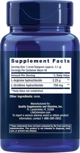 Vista 2 de Life Extension Arginina Ornitina en polvo, promueve la salud muscular y la recuperación, sin gluten, sin OMG, peso neto de 5.29 oz