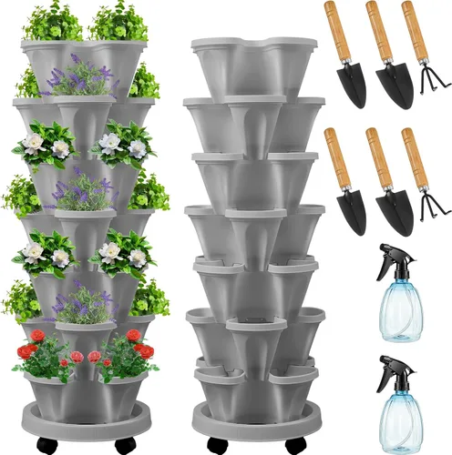 Vista 12 de Umigy Juego de 2 macetas verticales de 7 niveles, apilables, macetas de fresa, hierbas y verduras, macetas de jardinería para interiores