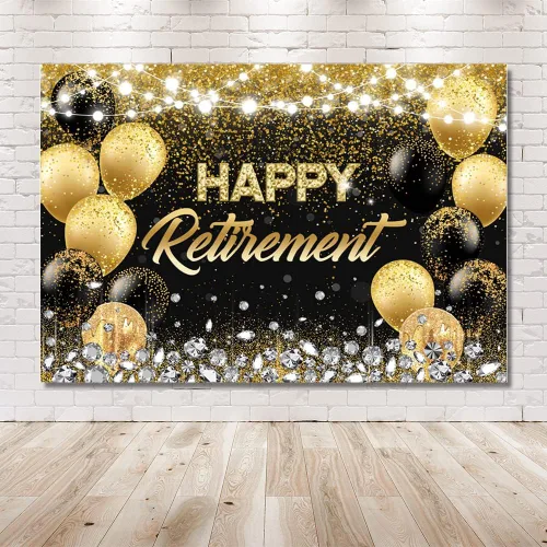 Vista 6 de MEHOFOND Telón de fondo de feliz jubilación negro y dorado con texto en inglés "Congrats Retirement" (Congrats Retirement) - Cartel de feliz