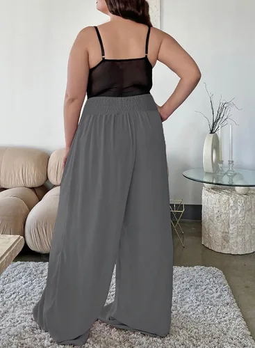 Vista 2 de Eytino Pantalones de pierna ancha para mujer, talla grande, casual, holgados, fruncidos, de cintura alta, pantalones palazzo (1X-5X)