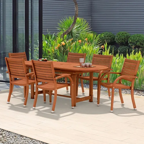 Vista 8 de Brampton Patio Brampton Coventry - Juego de comedor rectangular de 5 piezas, acabado de teca oscura y sillas apilables, ideal para patio y exteriores