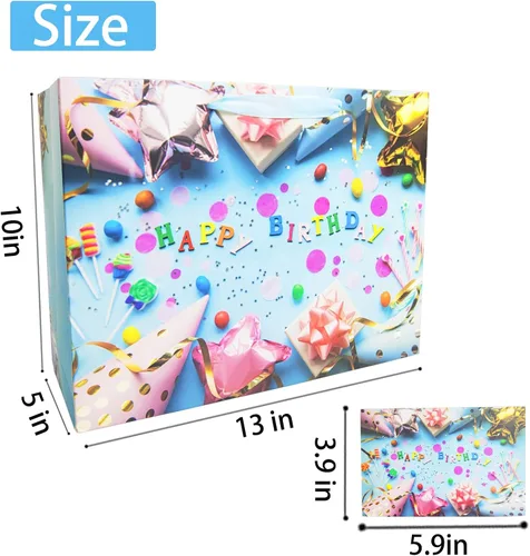 Vista 2 de LivebyCare Bolsas grandes de regalo de cumpleaños de 13 pulgadas con papel de seda y tarjeta, perfectas para bolsas de regalo para bebés, niños