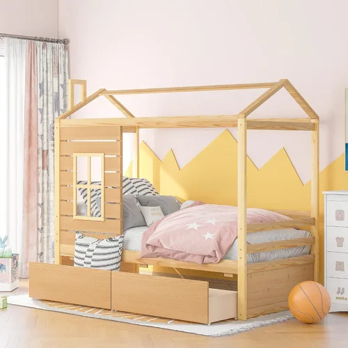 Vista 15 de Cama de madera maciza tamaño individual con techo, nido, 3 cajones de almacenamiento, sofá cama de plataforma para muebles de dormitorio, sala