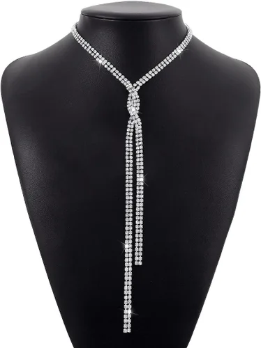 Vista 7 de Collar largo con diamantes de imitación en Y, Lariat, cristal plateado y dorado, con circonita cúbica, para mujeres y niñas, cadena para el cuerpo