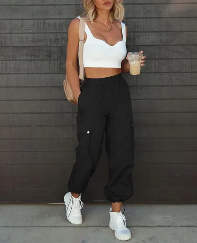 Vista 5 de Pantalones de paracaídas para mujer, cintura alta elástica, pantalones cargo Y2K holgados con 4 bolsillos