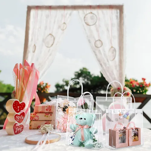 Vista 5 de Reginary 85 bolsas de regalo de PVC transparente con asas de 6.89 x 6.89 x 3.54 pulgadas, bolsas de plástico transparente reutilizables a granel