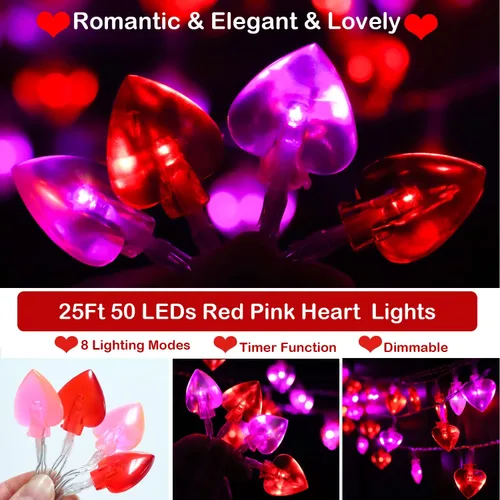 Vista 2 de Ohwewant 50 luces LED rojas y rosas de San Valentín, temporizador de 8 modos, funciona con pilas, guirnalda de luces de corazón de San Valentín