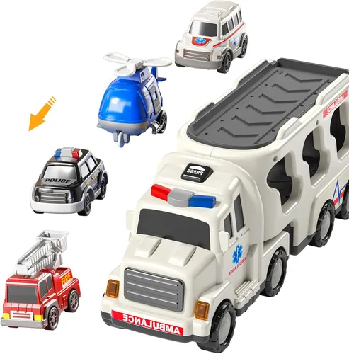 Vista 4 de TEMI Paquete de 5 Vehículos de Ambulancia Camiones de Juguete para Niños Pequeños de 3 4 5 6 Años, Autos Impulsados por Fricción con Helicóptero