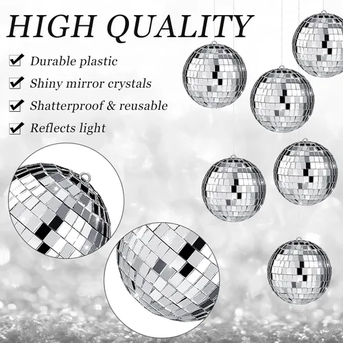 Vista 3 de 17 Piezas de Decoración de Bola de Discoteca: Bolas de Discoteca Colgantes de Espejo de Tamaño Variado Mini y Grande - Adornos de Navidad Plateados