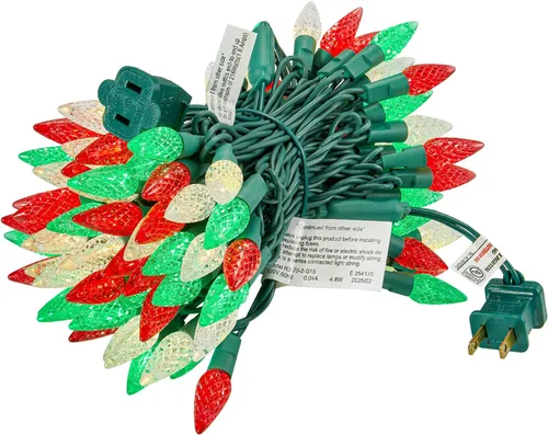 Vista 8 de BOHON Luces de Navidad rojas, blancas y verdes, tira de 50 luces LED facetadas C6 de 17 pies, enchufable, cable verde extensible, mini tira de luces