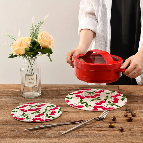 Vista 7 de Qilmy Cherry Kitchen - Juego de 2 agarraderas redondas, resistentes al calor, para platos calientes, ollas calientes y sartén, 7 pulgadas + 9