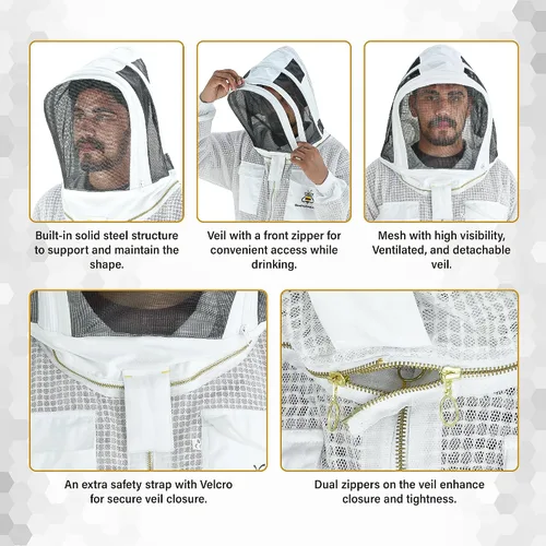 Vista 3 de BeeProGear 3-Layer Ventilated Mesh Beekeeping Suit for Men & Women - Sting Proof Full Body Suit with 2 Veils, Gloves & Bag