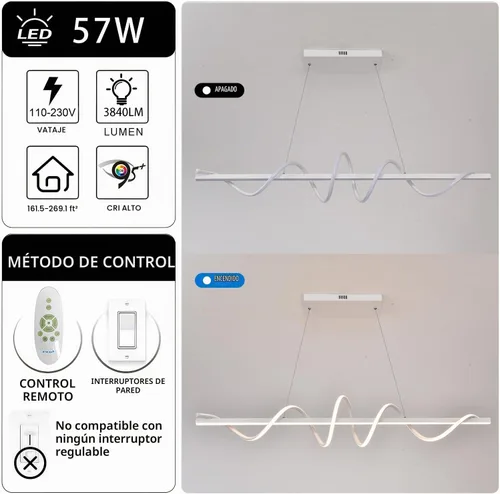 Vista 2 de Lámpara LED de 47.24 pulgadas regulable moderna lámpara colgante 3000K-6500K brillo de color ajustable con control remoto Blanco