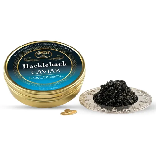 Vista 8 de Envío nocturno – Olma American Hackleback Sturgeon Black Caviar – Perlas de grano medio, grado superior, 1 oz / 28 g Dark glossy gray pearls with