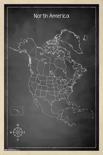 Vista 7 de Trends International Chalk Map - Póster de pared de América del Norte, 22.4 pulgadas de largo x 14.7 pulgadas, versión enmarcada de madera de granero