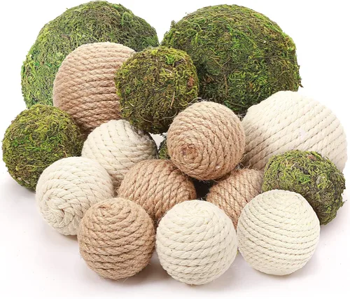 Vista 7 de Jetec 18 bolas decorativas para cuencos de centro de mesa, bolas de musgo verde y relleno de cuerda para el hogar, jarrón, jardín, boda, granja