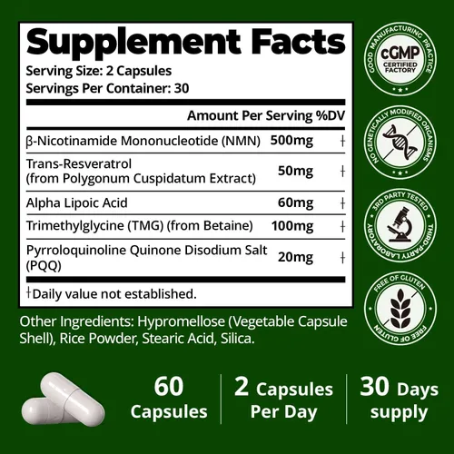 Vista 8 de Suplemento NAD para mujeres con resveratrol – Apoya la energía celular, antienvejecimiento y reparación del ADN – Suplemento NAD avanzado