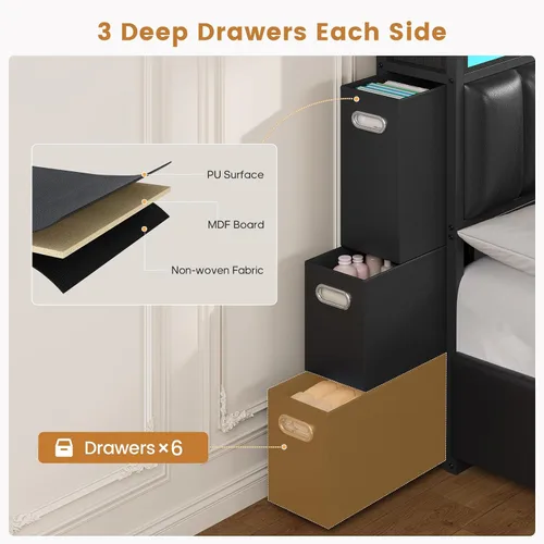 Vista 5 de ADORNEVE Base de cama tamaño King con 10 cajones de almacenamiento y cabecera tipo estantería RGB, cama King tapizada en PU con estación de carga