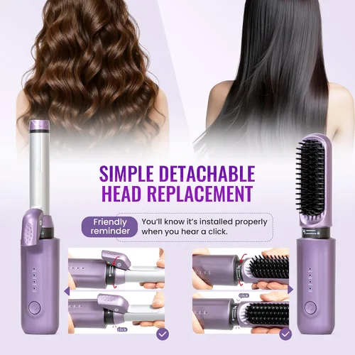 Vista 7 de Rizador de pelo inalámbrico 2 en 1, herramientas de pelo recargables de tamaño de viaje, cepillo alisador de pelo inalámbrico intercambiable